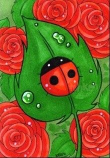 a ladybug on a green leaf with red roses and water droplets around it