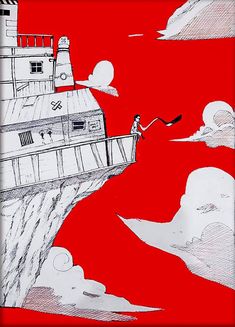 a drawing of a person standing on top of a red cliff with a building in the background