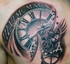 a man with a clock tattoo on his chest that says roman numerals and stars