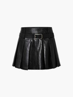 MO&Co. Women's Pleated PU Leather Skirt Introducing our skirt - crafted with soft PU leather for a comfortable feel. Its A-line silhouette and mini length create a flattering figure, while the double waist design, featuring a belt, adds a touch of chic. Features : - Double waist A-line silhouette- Mini-length skirt with inner shorts- Pleated design, including belt- Crackled finish leather Code: MBD3SKT046The back length of size S is 34.3cmMATERIALS & CARE Material: Polyurethane artificial leathe Black Leather Skirt, Pu Leather Skirt, Black Leather Skirts, Leather Shorts, Leather Mini, Simple Style, Leather Skirt, Pu Leather, Black Leather