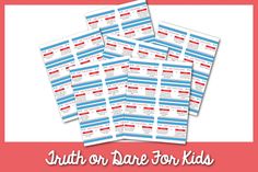 the truth or dare for kids booklet is shown in red, white and blue stripes