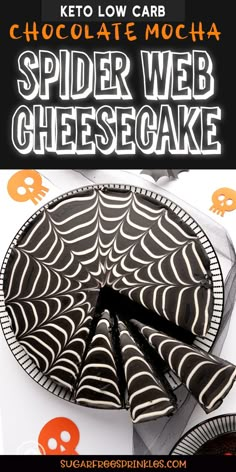 a spider web cheesecake on a plate with the words chocolate mocha above it