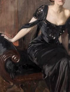 a painting of a woman in a black dress sitting on a chair with her hand on her hip