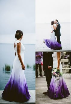 two pictures of a bride and groom in front of the water