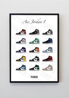 Nike inspired poster.  Showcasing 15 iconic colour ways of the classic Air Jordan 1. Digitally illustrated. A4 - 29.7cm x 21cm. Available for digital download. Designed in the UK. Nike Inspired, Nike Poster, Nike Air Jordan 1 High, Shoe Poster, Collection Illustration, Retro Trainers, Colour Ways, Nike Trainers, Nike Air Jordan 1