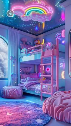 this is a bedroom with pink and blue lighting in the ceiling, bunk beds are also lit up