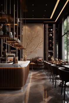 an elegant restaurant with black and gold decor