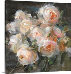 an oil painting of white and pink roses in a vase on a black background canvas