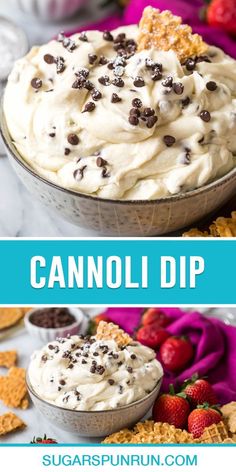 two pictures with the words cannoli dip and strawberries on top in front of them