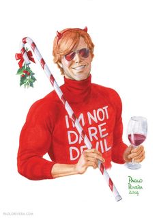 a painting of a man in a red sweater holding a wine glass and candy cane