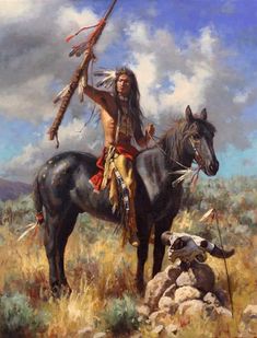 a painting of a native american man on a horse