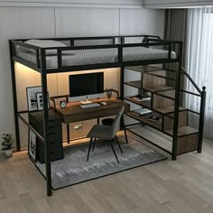 a loft bed with desk underneath it