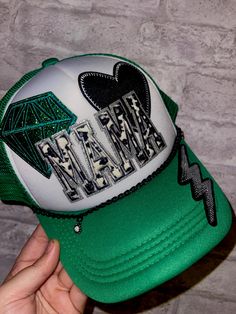 Mama 💚 💎 Hip Hop Green Baseball Cap, Green Hip Hop Baseball Cap, Green Hip Hop Style Baseball Cap, Trendy Green Visor Hat, Green Hip Hop Cap, Trendy Green Cap, Custom Iron On Patches, Hat Bar, Patch Hats