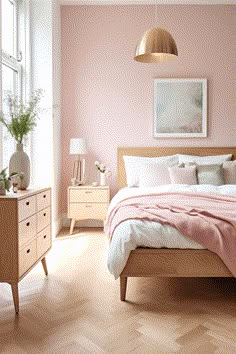 a bedroom with pink walls and wooden floors