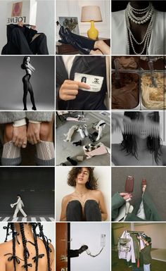 a collage of photos with different types of clothing and accessories on them, including mannequins