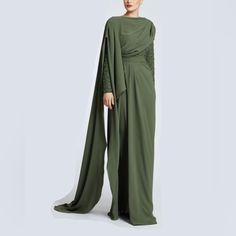 Khaki Green, Embroidered, Elegant, Maxi, Tailed, Caped Single Arm, Padded Shoulders, Zipped Back, Modest, Abaya, Evening Gown Modest Gowns Hijab, Modest Abaya, Fancy Fashion, Three Kingdoms, Long Evening Dress, Black Dress Formal, Blue Evening Dresses, Maxi Gown Dress, Embroidered Maxi Dress