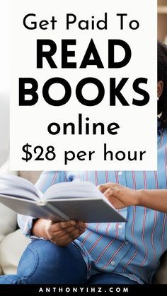 a woman sitting on a couch reading a book with the text get paid to read books online $ 32 per hour