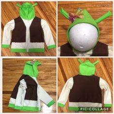 four pictures of the same jacket with different colors and designs on it, including one green hoodie