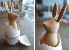 an egg shell with a stuffed rabbit in it and another photo of the inside of an egg shell