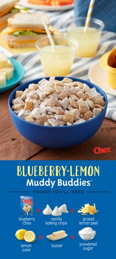 the blueberry lemon muddy buddies recipe is displayed on a table with other food items