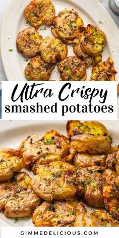 grilled potatoes with the title text overlay reads ultra crispy smashed potatoes