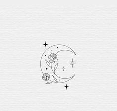 the moon and rose tattoo design is shown in black on white paper, with stars around it