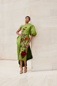 One shoulder puff sleeve satin gown with velvet embroidery and side ruffle #nardos #design #fashion #haute #couture #MOB #motherofthebride #bridal #dress #gown #green #floral #collection 2024 Couture Gowns, Dress 2024 Trend, Summer Outfit Ideas For Women, Fancy Gown, Colorful Gown, Velvet Embroidery, Best Gowns, Green Formal Dresses, Fall 2024 Fashion