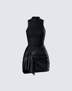 A classy night out is calling your name 🖤 Made from jersey and satin fabric and complete with a bodycon style and sash detailing - this sleek and sexy look will make sure you linger in their minds ☁️ All Black Outfits For Women Dress, Short Old Money Dress, Formal Black Dress Black Women, Finesse Black Dress, Mini Black Leather Dress, Style Ideas Black Women, Birthday Outfits For October, Ysl Women Fashion, Mini Club Dress