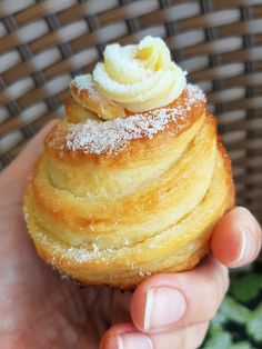 a hand holding a pastry with powdered sugar on top