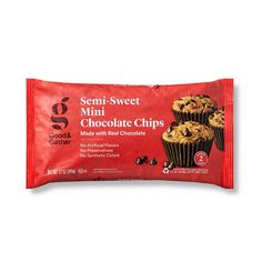 a bag of semi - sweet mini chocolate chip muffins on a white background