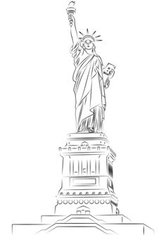 the statue of liberty is shown in black and white, as well as an outline drawing