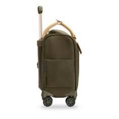 an olive green rolling bag with wheels and handle on the front, it has a wooden handle