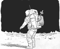 an astronaut walking on the moon with his back to the camera, carrying a backpack