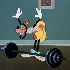 goofy doing exercises on a barbell in the cartoon mickey mouse