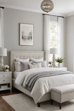 a bedroom with white and gray bedding, two windows, an ottoman and a chandelier hanging from the ceiling