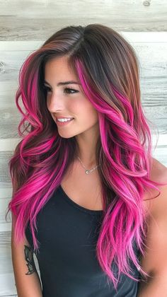 Dark Hair With Hot Pink Highlights, Dark Hair With Pink Money Piece, Bright Pink Highlights In Brown Hair, Black And Pink Hair Ideas, Pink Hair On Brown Skin, Neon Hairstyles, Pop Of Color Hair, Neon Highlights, Pink Hair Highlights