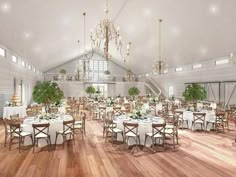 an artist's rendering of a dining room with chandeliers and white linens