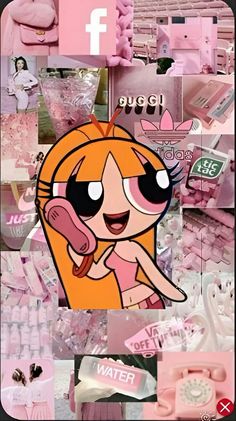 the powerpuff girls collage with pink and white items in it's background