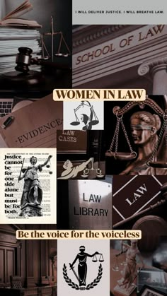 women in law collage with images of books, gavel, scales and other items