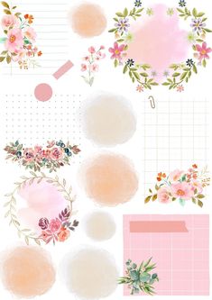 watercolor flowers and circles are arranged on a white sheet with pink squares in the background