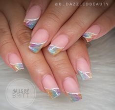 Glitter Nail Tips, Rainbow Tip Nails, French Tip With Glitter Line, Holographic French Tip Nails, Rainbow Glitter Nails, Paw Print Nails, Unicorn Nail Art, Unicorn Nails Designs, Rainbow Nail Art