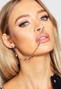 Woman wearing nose to ear tassel chain No Results Found, Nose Earrings, Dark Skin Beauty, Character References, Nose Jewelry, Nose Hoop, Ear Piercing, Smokey Eye Makeup, Smokey Eye