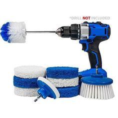 a blue and white brush with two different brushes on top of each other next to it's attachments