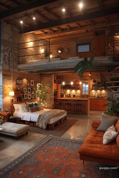 a living room filled with lots of furniture next to a fire place in a building