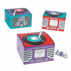 an old fashioned record player and earbuds are shown in three different colors, including red, purple, blue, and green