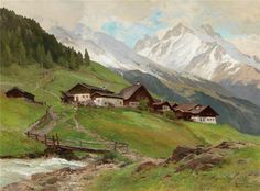 a painting of some houses in the mountains