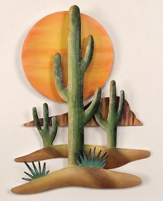 a cactus and other plants are depicted on a white surface with an orange sun in the background