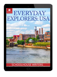 an ipad with the cover of every day explorer usa on it, showing buildings and water