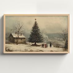 a painting of people standing in front of a christmas tree on a snowy day with fog