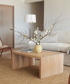 a living room filled with furniture and a vase on top of a wooden coffee table